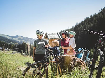 Zwei Frauen mit Fahrradhelmen genießen gemeinsam mit ihren kleinen Kindern eine Pause beim E-Biken inmitten der sommerlichen Alpenlandschaft von Hinterglemm – familiäre Auszeit vor imposanter Naturkulisse und unter strahlend blauem Himmel.