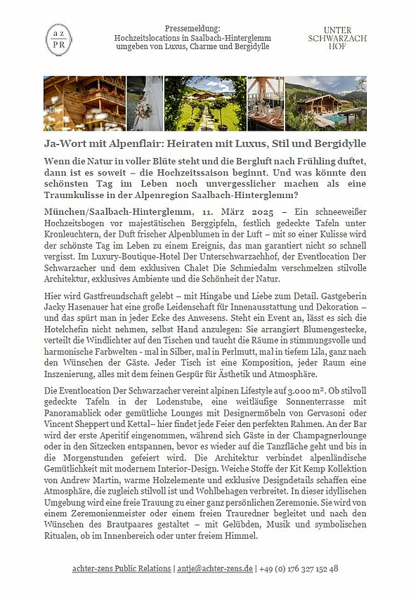 Pressemeldung zur Hochzeitslocation in Saalbach Hinterglemm