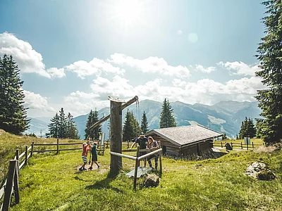 Sommerliches Familienerlebnis am Bergbauernhof inmitten der Pinzgauer Bergwelt – zwei Kinder spielen an einem hölzernen Ziehbrunnen, während Erwachsene die Szenerie erkunden; umgeben von saftigen Wiesen, Almhütte und imposanter Bergkulisse bei strahlendem Sonnenschein.