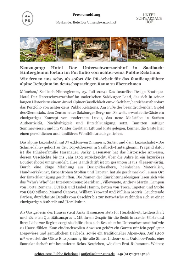 Pressetext Announcement Achter-Zens PR Agentur Betreuung Hotel Unterschwarzachhof