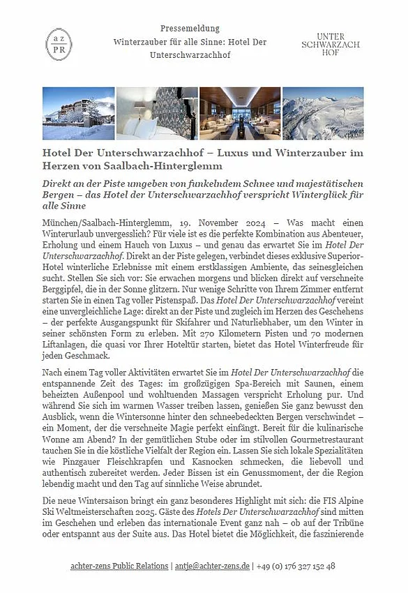 Pressemeldung zum Winterurlaub im Unterschwarzachhof in Saalbach Hinterglemm